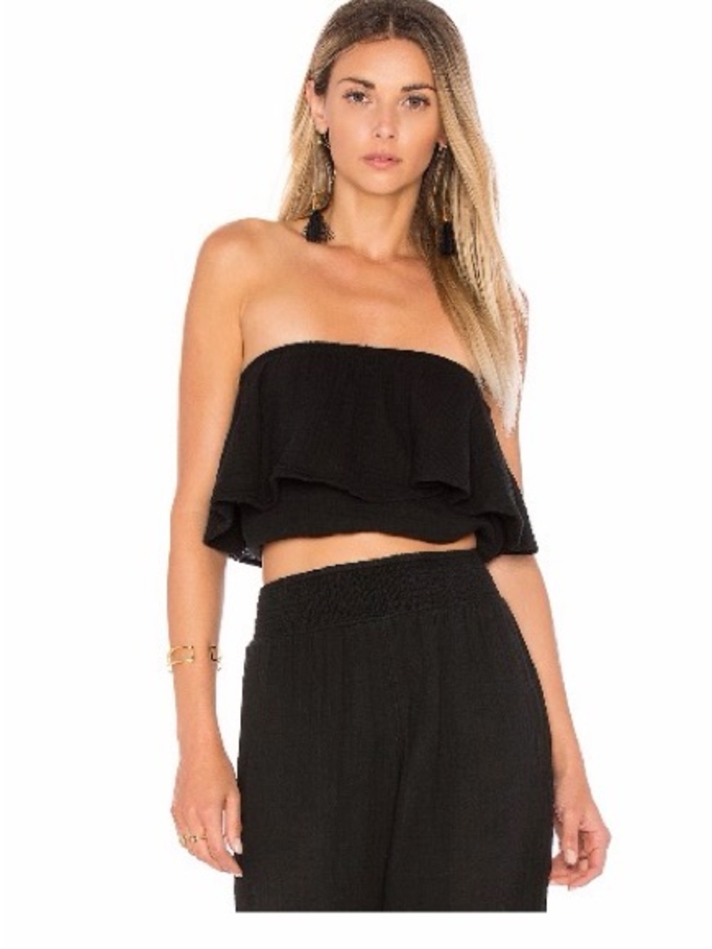 Michael Stars Black Strapless Ruffle Crop Top